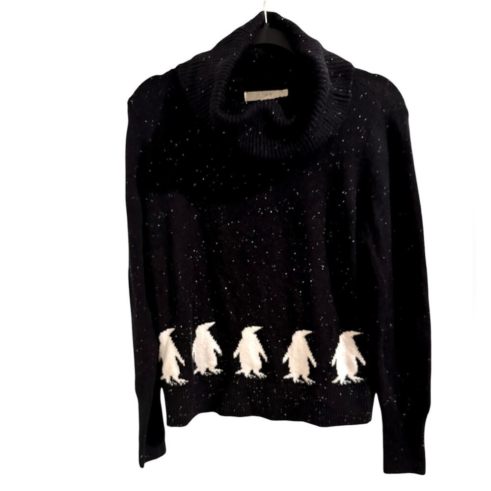 LOFT Navy Speckled Cowl Neck Penguin Sweater, Navy White, size S